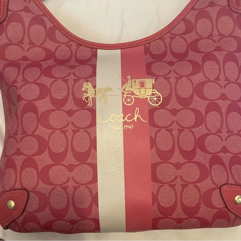 NWT Coach 13193 Heritage Stripe Signature Convertible Magenta Canvas Hobo Bag - Picture 3 of 9